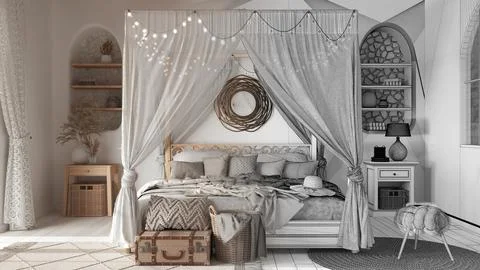 Architect interior designer concept: hand-drawn draft unfinished project that Stock Photos
