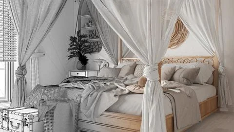 Architect interior designer concept: hand-drawn draft unfinished project that Stock Photos