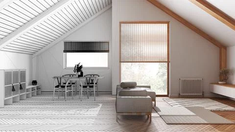 Architect interior designer concept: hand-drawn draft unfinished project th.. Stock Photos
