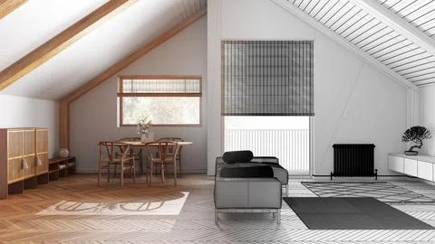 Architect interior designer concept: hand-drawn draft unfinished project th.. Stock Photos