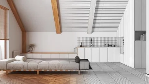 Architect interior designer concept: hand-drawn draft unfinished project th.. Stock Photos