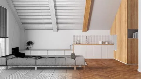 Architect interior designer concept: hand-drawn draft unfinished project th.. Stock Photos