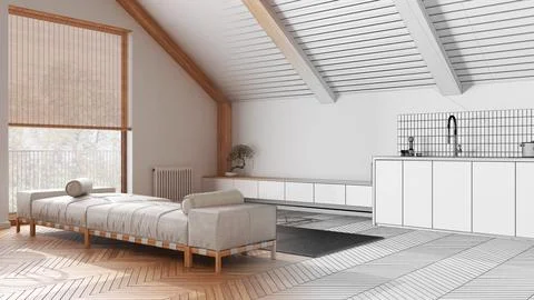 Architect interior designer concept: hand-drawn draft unfinished project th.. Stock Photos