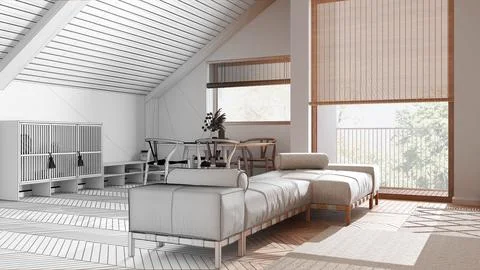 Architect interior designer concept: hand-drawn draft unfinished project th.. Stock Photos