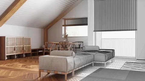 Architect interior designer concept: hand-drawn draft unfinished project th.. Stock Photos