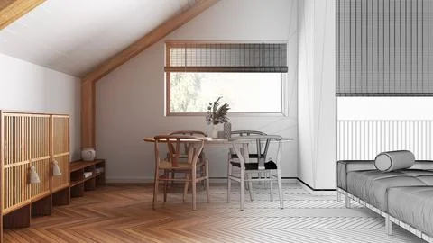 Architect interior designer concept: hand-drawn draft unfinished project th.. Stock Photos