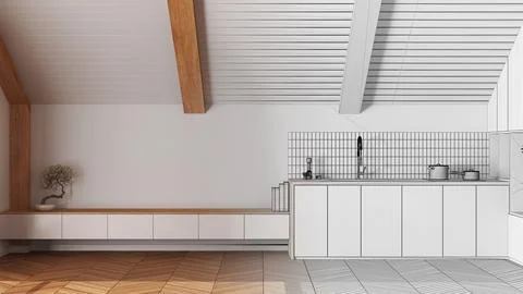 Architect interior designer concept: hand-drawn draft unfinished project th.. Stock Photos