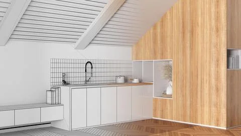 Architect interior designer concept: hand-drawn draft unfinished project th.. Stock Photos