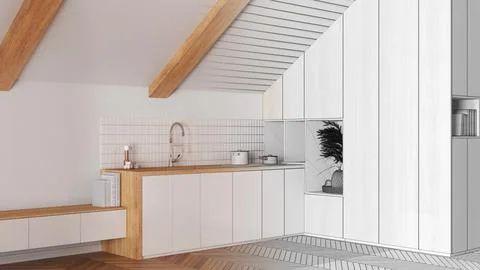Architect interior designer concept: hand-drawn draft unfinished project th.. Stock Photos