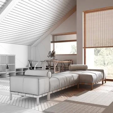 Architect interior designer concept: hand-drawn draft unfinished project th.. Stock Photos