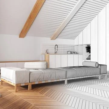 Architect interior designer concept: hand-drawn draft unfinished project th.. Stock Photos