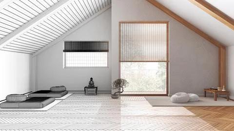 Architect interior designer concept: hand-drawn draft unfinished project th.. Stock Photos