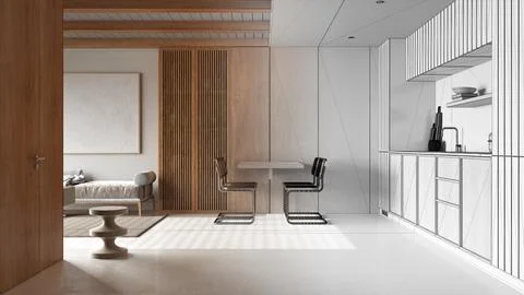 Architect interior designer concept: hand-drawn draft unfinished project th.. Stock Photos