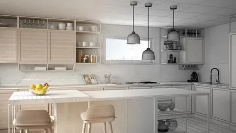 Architect interior designer concept: unfinished project that becomes real, ki Stock Illustration