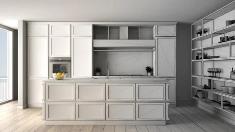 Architect interior designer concept: unfinished project that becomes real, cl Stock Illustration
