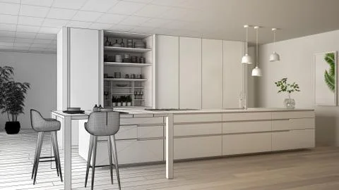 Architect interior designer concept: unfinished project that becomes real, mi Stock Illustration