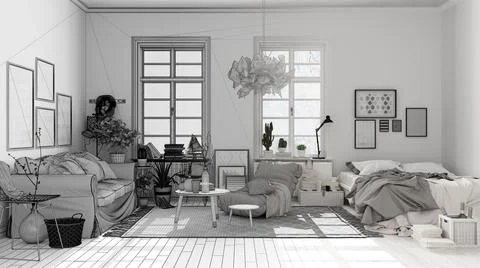 Architect interior designer concept: unfinished project that becomes real, sc Stock Illustration