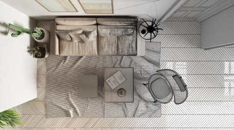 Architect interior designer concept: unfinished project that becomes real, sc Stock Illustration
