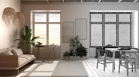 Architect interior designer concept: unfinished project that becomes real, ec Stock Illustration