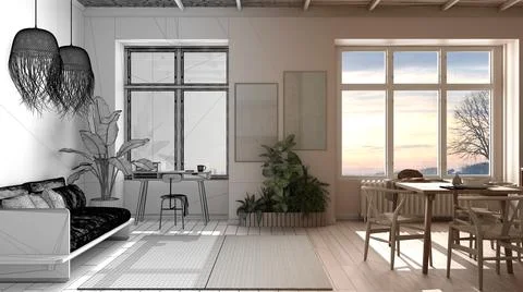 Architect interior designer concept: unfinished project that becomes real, ec 스톡 일러스트