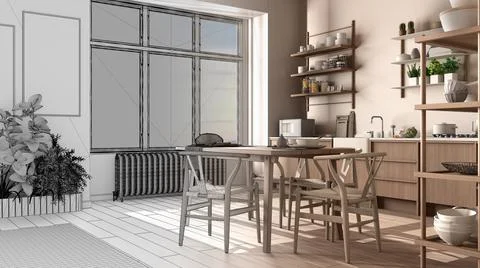 Architect interior designer concept: unfinished project that becomes real, ec Stock Illustration