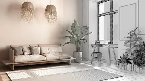 Architect interior designer concept: unfinished project that becomes real, ec Stock Illustration
