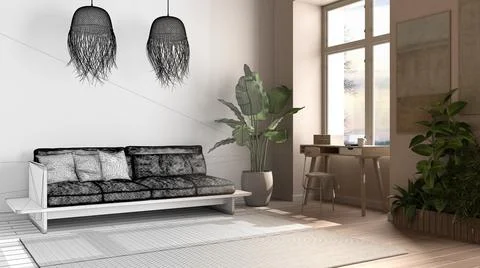 Architect interior designer concept: unfinished project that becomes real, ec Stock Illustration