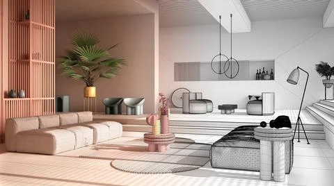 Architect interior designer concept: unfinished project that becomes real, co Stock Illustration