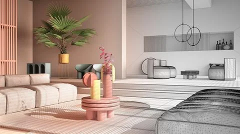 Architect interior designer concept: unfinished project that becomes real, co Stock Illustration