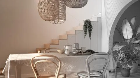 Architect interior designer concept: unfinished project that becomes real, re Stock Illustration