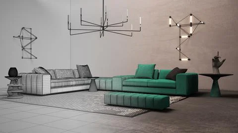 Architect interior designer concept: unfinished project that becomes real, li Stock Illustration