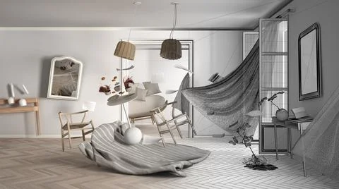 Architect interior designer concept: unfinished project that becomes real, li Stock-Illustration