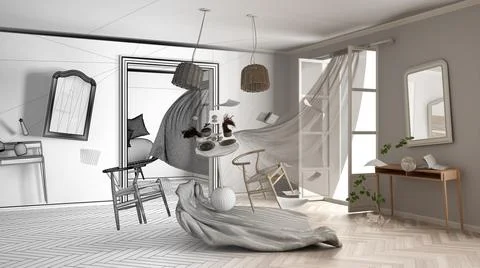 Architect interior designer concept: unfinished project that becomes real, li Stock-Illustration
