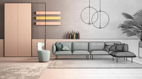Architect interior designer concept: unfinished project that becomes real, co Stock Illustration