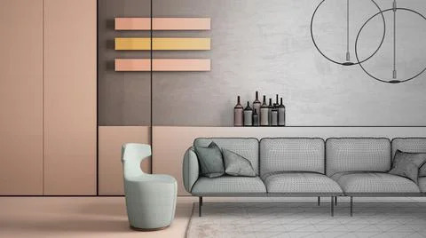 Architect interior designer concept: unfinished project that becomes real, co Stock Illustration