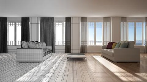 Architect interior designer concept: unfinished project that becomes real, op Stock Illustration