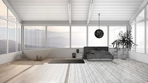 Architect interior designer concept: unfinished project that becomes real, pa Stock Illustration