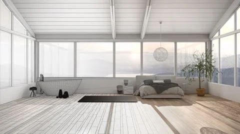 Architect interior designer concept: unfinished project that becomes real, pa Stock Illustration
