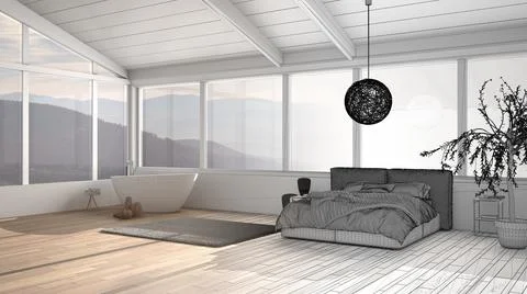 Architect interior designer concept: unfinished project that becomes real, pa Stock Illustration