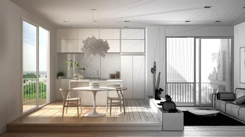 Architect interior designer concept: unfinished project that becomes real, li Stock Illustration