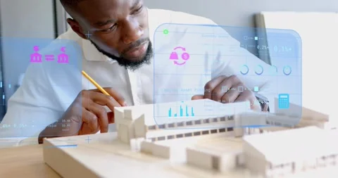 Architect leaning over model lifting yellow pencil, AR HUD emerging, expanding, Stock Footage 327942875