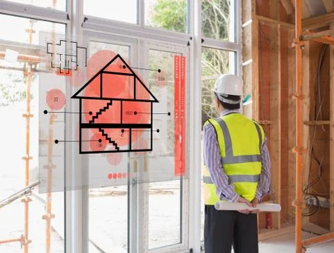 Architect looking out window with red hologram interface in foreground Stock Illustration