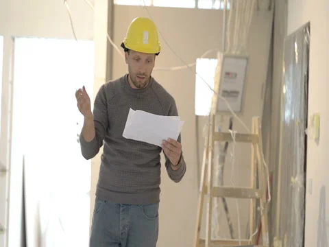 Architect looks worried while checking project about new flat, steadycam shot Stock Footage 76509554