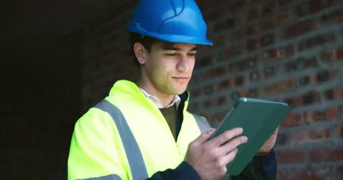 Architect, man and smile on construction site with tablet, browsing and check Stock Footage 337026990