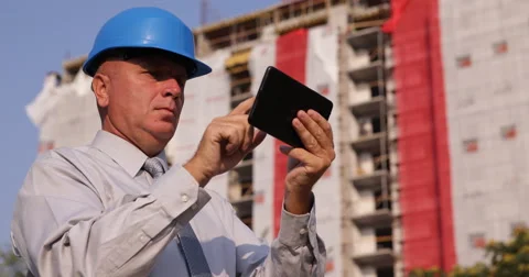 Architect Man Check Plans Using Digital Tablet Modern Engineer Entrepreneur Work Stock Footage 54527669