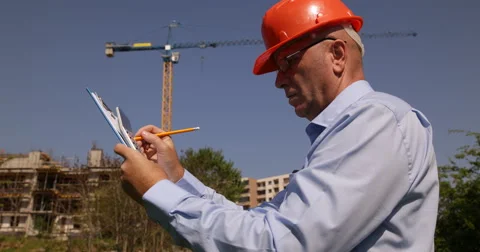 Architect Man Eyeglasses Clipboard Checking Building Plans Calculate Parameters Stock Footage 50957951