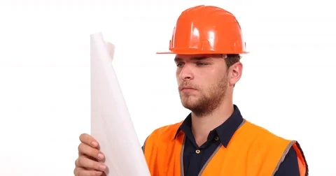 Architect Man Looking and Hold Scheme Plan Draft Map Isolated White Background Stock Footage 81463153