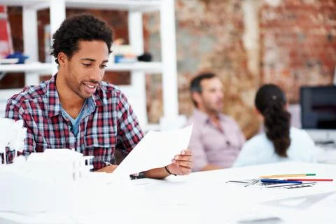 Architect, man or blueprint document in office for building design, verify .. Stock Photos