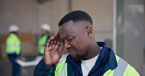 Architect, man or stress with headache on site for construction fail, deadline Stock Footage 345300432