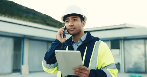 Architect, man or tablet with phone call on construction site for building Stock Footage 345643549